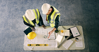 Buy stock photo Blueprint, meeting and architecture with people and documents for discussion, engineering and contractor. Construction team, floor plan and top view of employee and paperwork for renovation space