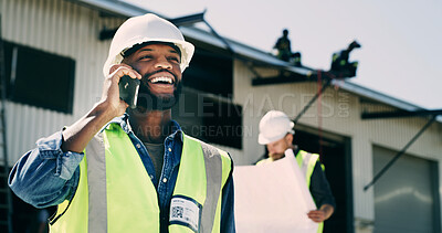 Buy stock photo Phone call, construction worker and man at warehouse for building, laugh and maintenance. Mobile, engineer and conversation for inspection, industrial architecture and happy with development outdoor