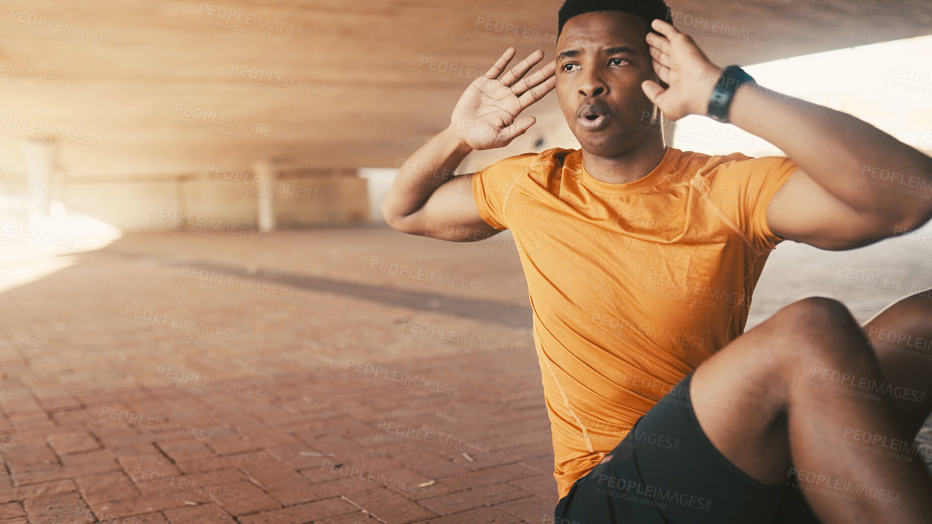 Buy stock photo Athlete, black man and stretching for fitness in city with exercise, training and preparation. Exhausted, male person and breathing from warm up, sports workout and getting ready for wellness outdoor