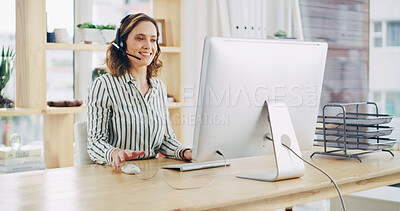 Buy stock photo Woman, consultant and computer with headset at call center for communication or online assistance. Happy person, agent or business advisor with smile for CRM, advice or virtual help at workplace