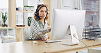 Woman, pointing and computer with headset at call center for communication or online assistance. Happy person, agent or business advisor with question for CRM, advice or virtual help at workplace