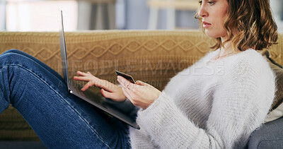 Buy stock photo Credit card, laptop and woman on sofa in home with online shopping, ecommerce or payment. Computer, relax and female person with internet banking on website for retail sale or discount in apartment.