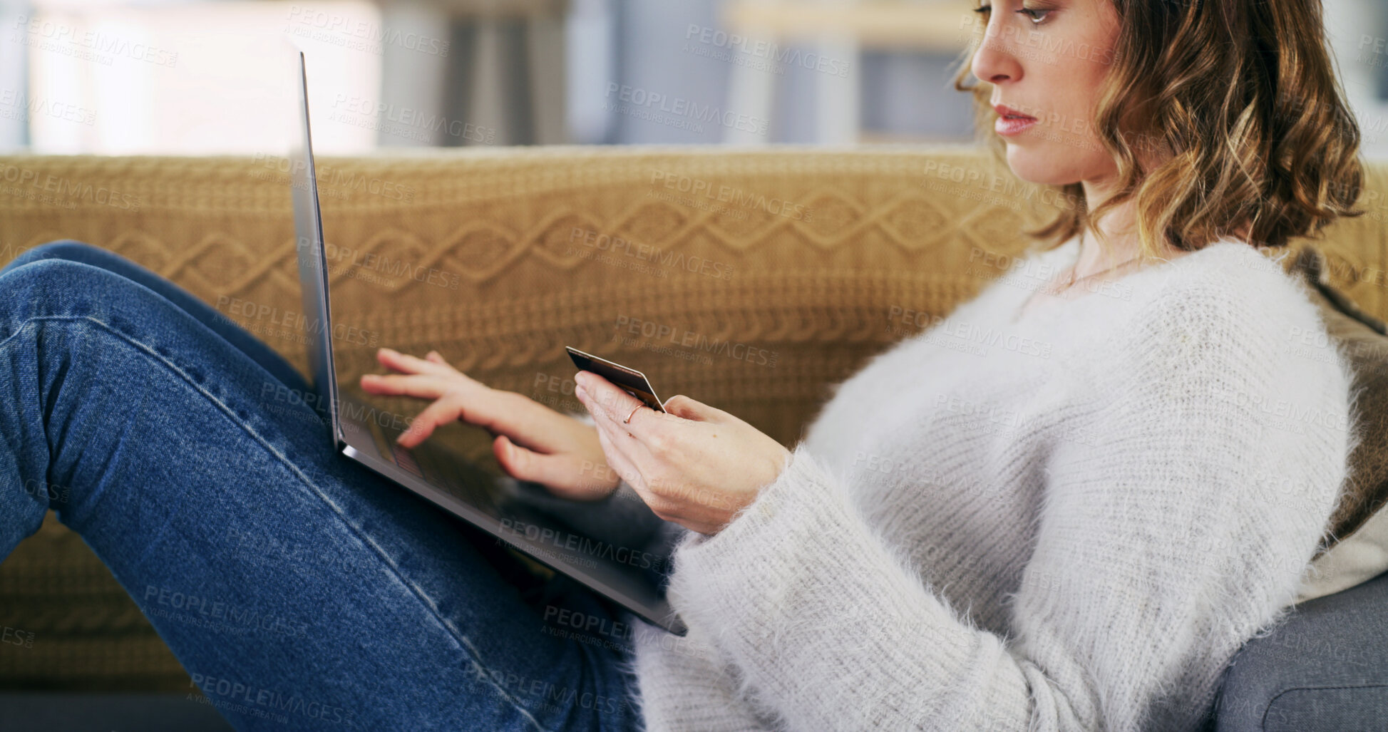 Buy stock photo Credit card, laptop and woman on sofa in home with online shopping, ecommerce or payment. Computer, relax and female person with internet banking on website for retail sale or discount in apartment.