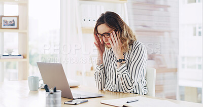 Buy stock photo Laptop, fatigue and business woman in office for eye strain, pain or deadline pressure. Accountant, frustrated and headache with person in financial agency for glasses, stress and project brain fog