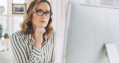 Buy stock photo Woman, freelancer and reading on computer at house for research, editor feedback and proofreading. Thinking, journalist and PC to review article, fact check and planning story for project publication