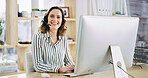 Woman, computer and portrait with headset at call center for communication or online assistance. Happy person, agent or business advisor with smile for CRM, advice or virtual help at workplace