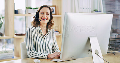 Buy stock photo Woman, computer and portrait with headset at call center for communication or online assistance. Happy person, agent or business advisor with smile for CRM, advice or virtual help at workplace