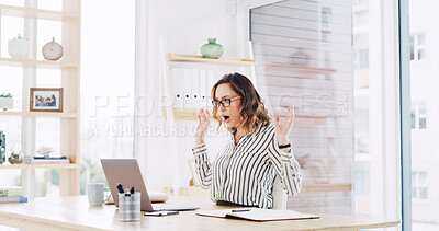 Buy stock photo Laptop, surprise and business woman in office for win, announcement or reading email for promotion. Wow, shock and employee on computer in company for amazing news, bonus or performance recognition