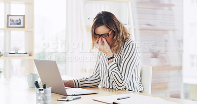 Buy stock photo Laptop, fatigue and business woman for eye strain, pain or deadline pressure in office. Accountant, frustrated and headache with person in financial agency for glasses, stress and project brain fog