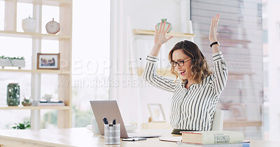 Buy stock photo Hands raised, laptop and smile with business woman at desk in office for celebration of goals or target. Cheering, computer and success with happy employee in workplace for achievement or milestone