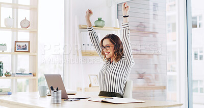 Buy stock photo Cheering, laptop and smile with business woman at desk in office for celebration of goals or target. Computer, hands raised and success with happy employee in workplace for achievement or milestone