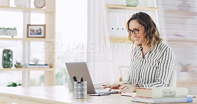 Buy stock photo Laptop, smile and business woman in office for email, risk management or insurance policy. Computer, reading and happy broker on internet in workplace for coverage, research and positive feedback