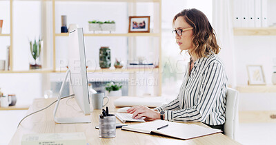 Buy stock photo Computer, typing and business woman in office for email, risk management or insurance policy. Desktop, reading and serious broker on internet in workplace for financial coverage, research or project