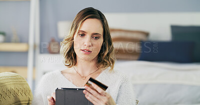 Buy stock photo Tablet, credit card and woman in home for payment, internet banking or online shopping. Technology, debit and person with app for financial transaction, ecommerce and investment with savings account