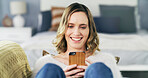 Phone, happy and woman on sofa in home for networking, social media or contact on mobile app. Relax, technology and female person with cellphone for online communication in living room at house.