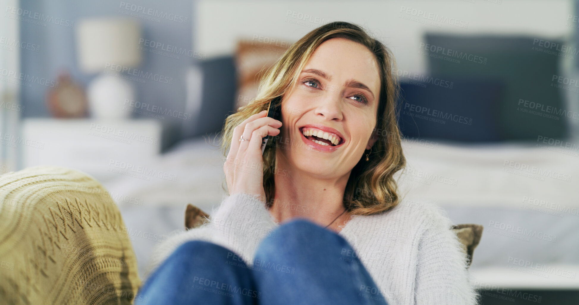 Buy stock photo Break, phone call and thinking with woman on sofa in living room of home for communication. Conversation, relax and smile with happy mature person in apartment for gossip, vision or wellness