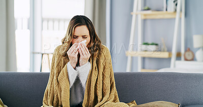 Buy stock photo Sick, woman and tissue for flu, living room or allergies in home, unhappy and wellness in apartment. Sinus infection, illness and person with cold, symptoms or blowing nose with toilet paper in house
