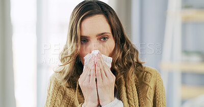 Buy stock photo Sick, woman and tissue for flu, home or allergies in living room, unhappy and wellness in apartment. Sinus infection, illness and person with cold, symptoms or blowing nose with toilet paper in house