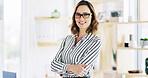 Crossed arms, happy and portrait of businesswoman in office with confidence for finance career. Smile, professional and female financial manager from London with pride for job growth in workplace.