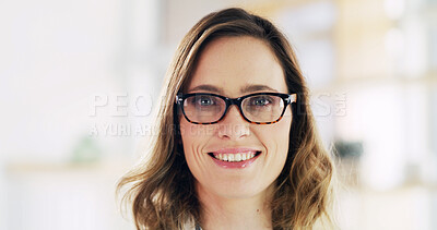 Buy stock photo Optometry, smile and portrait of woman with glasses for new frame, prescription lenses or eye care. Vision, space and person with spectacles, eyewear and improve eyesight in optical store or clinic