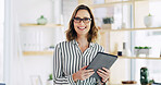 Portrait, business and woman with tablet in office for career pride, about us and media reporter. Smile, female person and digital to review article, proofreading story and confidence for publication