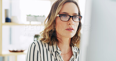 Buy stock photo Business, woman and reading on computer at house for research, editor feedback and proofreading. Female journalist, glasses and pc to review article, fact check and story report on publication update