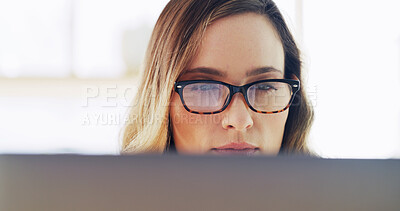 Buy stock photo Woman, glasses or reading on tech at house for research, editor feedback or proofreading. Person, journalist or remote work to review article, fact check or story report for project publication at PC