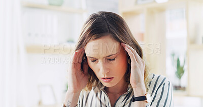 Buy stock photo Tired, woman and pain of headache at house with debt, mental health crisis and finance burnout. Fatigue, female person and discomfort of migraine, brain fog and dizzy for worry of mortgage bankruptcy