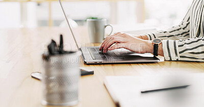 Buy stock photo Typing, laptop and hands of business woman in office for blog article, writing project and research. Copywriting editor, email newsletter and journalist news report with person in media agency