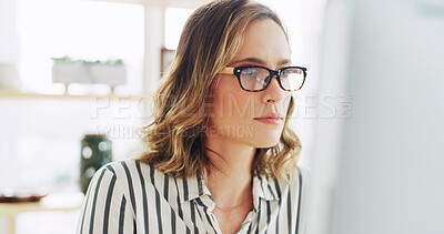 Buy stock photo Glasses, computer and businesswoman in office with reading for finance report with budget planning. Technology, research and female financial manager with online investment proposal in workplace.