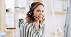 Headset, computer and woman receptionist in office with crm, communication or appointment schedule. Happy, mic and female corporate secretary with customer experience consultation in workplace.