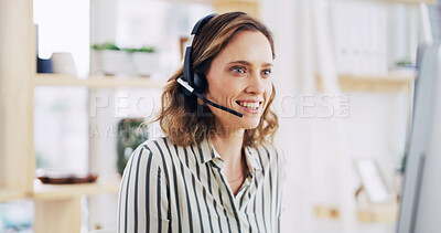 Buy stock photo Headset, computer and woman receptionist in office with crm, communication or appointment schedule. Happy, mic and female corporate secretary with customer experience consultation in workplace.