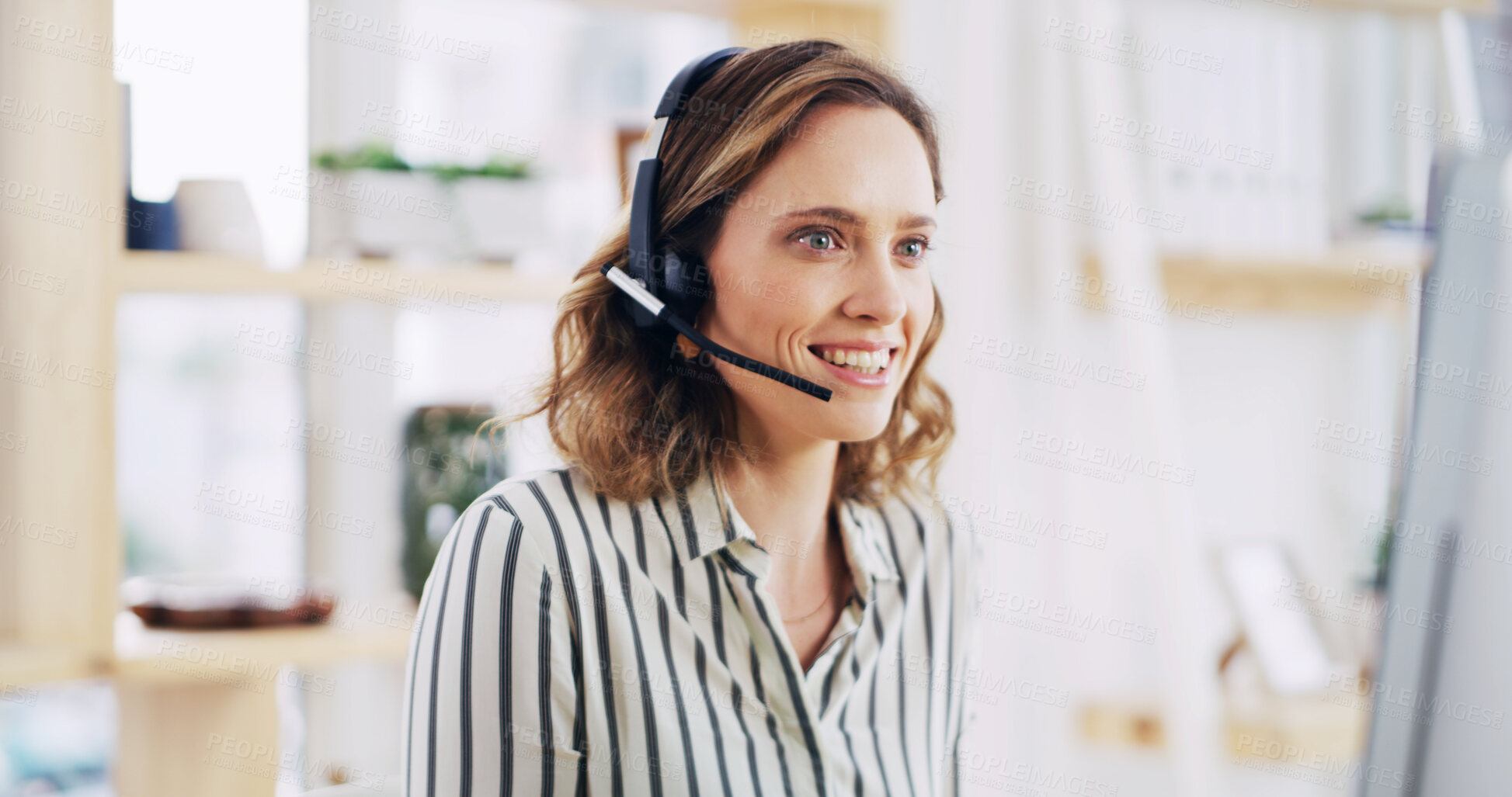 Buy stock photo Headset, computer and woman receptionist in office with crm, communication or appointment schedule. Happy, mic and female corporate secretary with customer experience consultation in workplace.