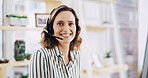 Woman, consultant and portrait with headset at call center for communication or online assistance. Happy person, agent or business advisor with smile for CRM, advice or virtual help at workplace