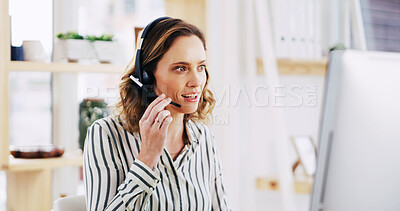 Buy stock photo Woman, computer and discussion with headset, call center and customer support or online assistance. Happy person, agent or business advisor with smile for CRM, advice or virtual help at workplace
