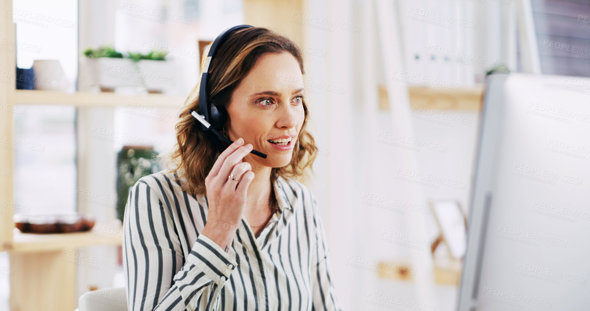 Buy stock photo Woman, computer and discussion with headset, call center and customer support or online assistance. Happy person, agent or business advisor with smile for CRM, advice or virtual help at workplace