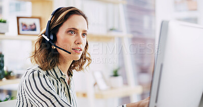 Buy stock photo Computer, contact us and manager woman in call center for assistance, consulting or feedback. Headset, help and support with employee at desk in office for customer service, communication or update