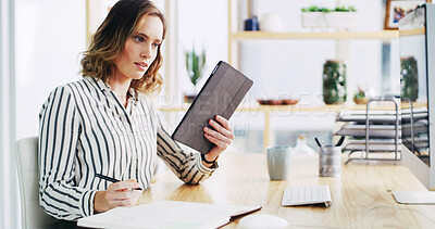 Buy stock photo Business woman, office and tablet for reading email with policy development, research or feedback. Technology, notes and consultant in company for project review, compliance and check schedule online