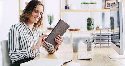 Buy stock photo Business woman, tablet and smile in office for reading email with policy development, research or info. Tech, feedback and consultant in company for project, compliance and check schedule online