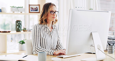 Buy stock photo Business woman, workplace and computer for typing email with policy development, research or feedback. Desktop, reading or consultant in office to review project, compliance and information online