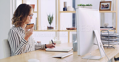 Buy stock photo Business, woman and writing notes with phone in office for voice recording, story ideas and reminder. Person, notebook and listen to message for media, schedule and article information of publication