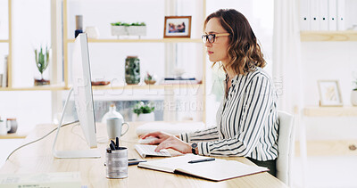 Buy stock photo Computer, reading and business woman in office for email, risk management or insurance policy. Desktop, typing and serious broker online at workplace for financial coverage, research or underwriting