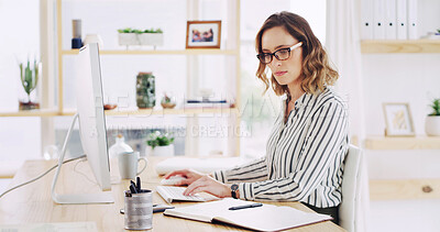 Buy stock photo Computer, reading notebook and business woman in office for email, coverage and insurance policy. Desktop, research and serious broker at workplace for risk management, review notes and project