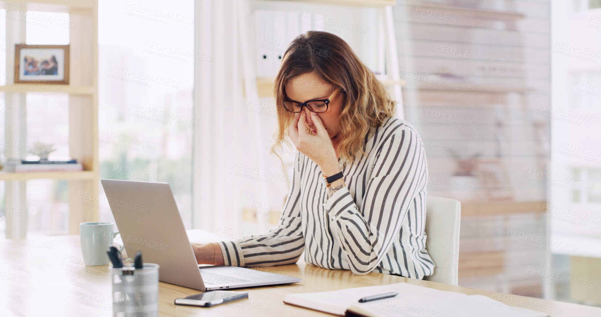 Buy stock photo Laptop, burnout and business woman for eye strain, pain or deadline pressure in office. Accountant, frustrated and headache with person in financial agency for glasses, stress and project brain fog