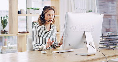 Buy stock photo Computer, call center and business woman at help desk for IT, troubleshooting or support. Consultant, contact us and virtual assistance for software, problem solving and crm communication for advice