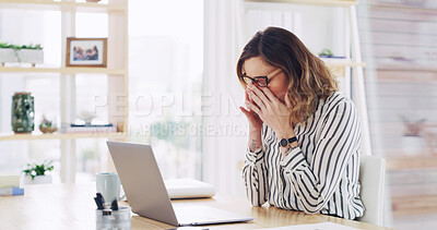 Buy stock photo Laptop, headache and business woman for eye strain, pain or deadline pressure in office. Accountant, frustrated and burnout with person in financial agency for glasses, stress and project brain fog