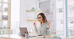 Surprise, creative and woman with laptop in office of good news, announcement and story winner. Shock, journalist and pc for positive feedback, reading email and article funding of author recognition