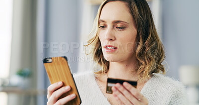 Buy stock photo Phone, credit card and woman in home for payment, internet banking or online shopping. Mobile, debit and person with app for financial transaction, ecommerce and investment with savings account