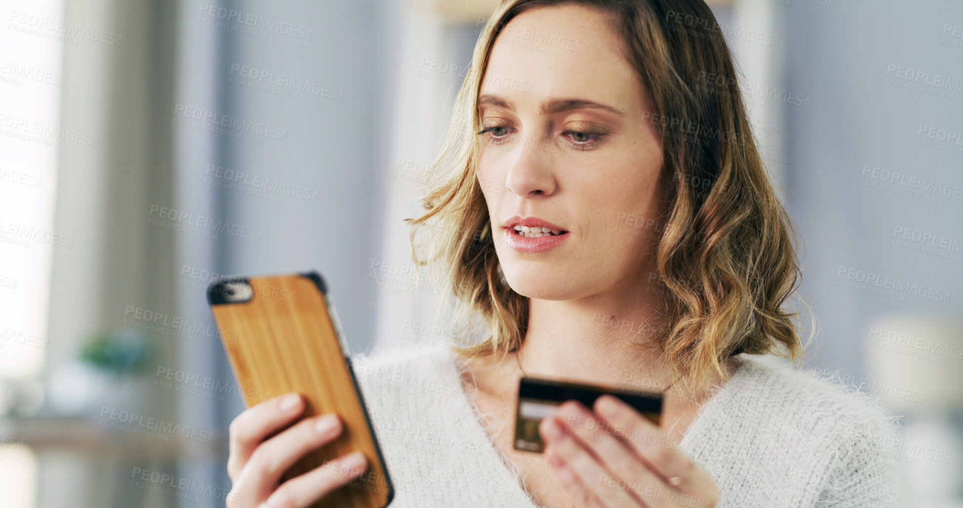 Buy stock photo Phone, credit card and woman in home for payment, internet banking or online shopping. Mobile, debit and person with app for financial transaction, ecommerce and investment with savings account