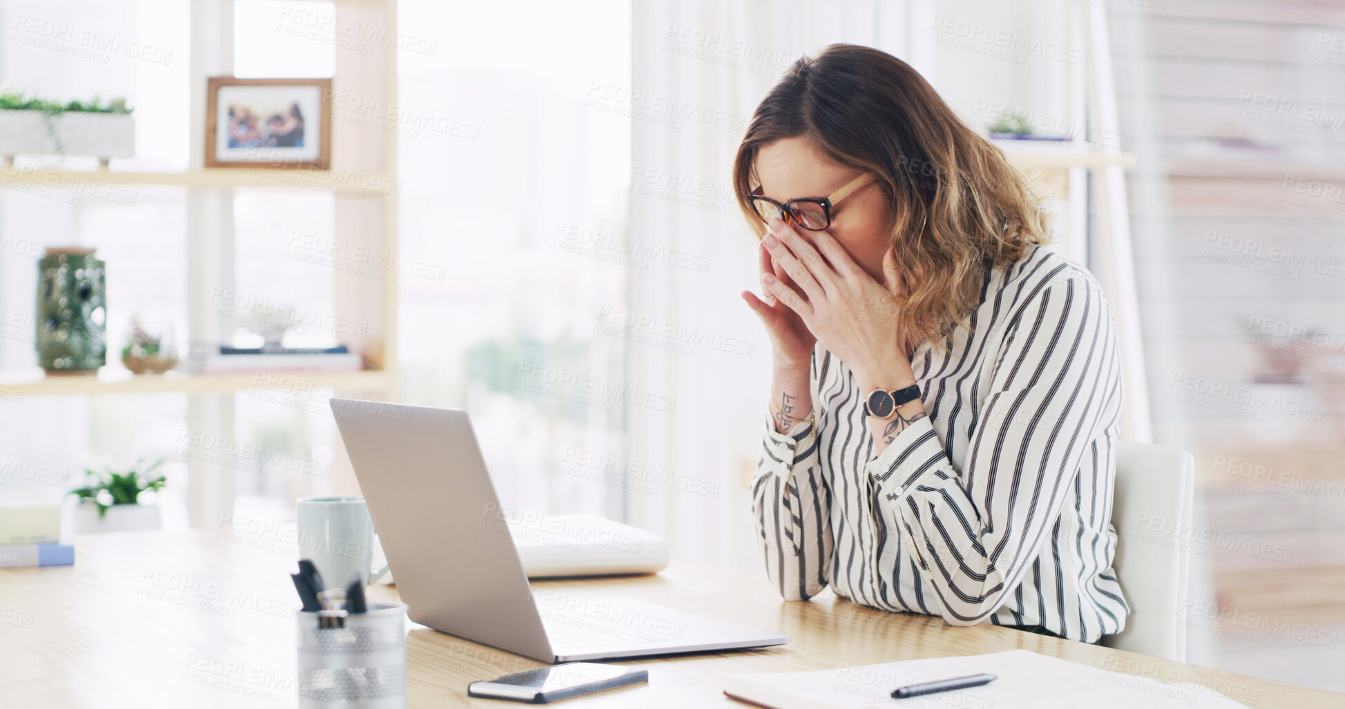 Buy stock photo Laptop, eye strain and business woman in office for glasses, pain or deadline pressure. Accountant, frustrated and headache with person in financial agency for fatigue, stress and project brain fog